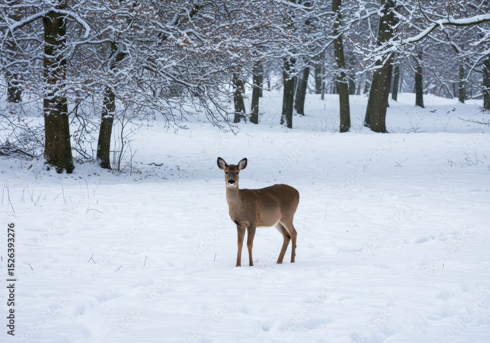 Aufkleber deer standing in a snow covered field with trees in the background