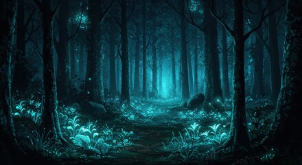 Fototapeta premium Ethereal forest illuminated by glowing flora a path winds through the mystical scene
