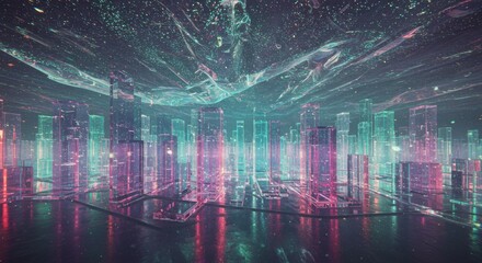 Obraz premium Ethereal Crystal City Pink and Teal Skyline Under a Cosmic Canopy