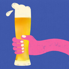 Pink hand holding tall beer glass with foam on blue background. Abstract art design. Flat folk design. Concept of fresh lager, summer drink, party refreshment, Friday mood, weekend.