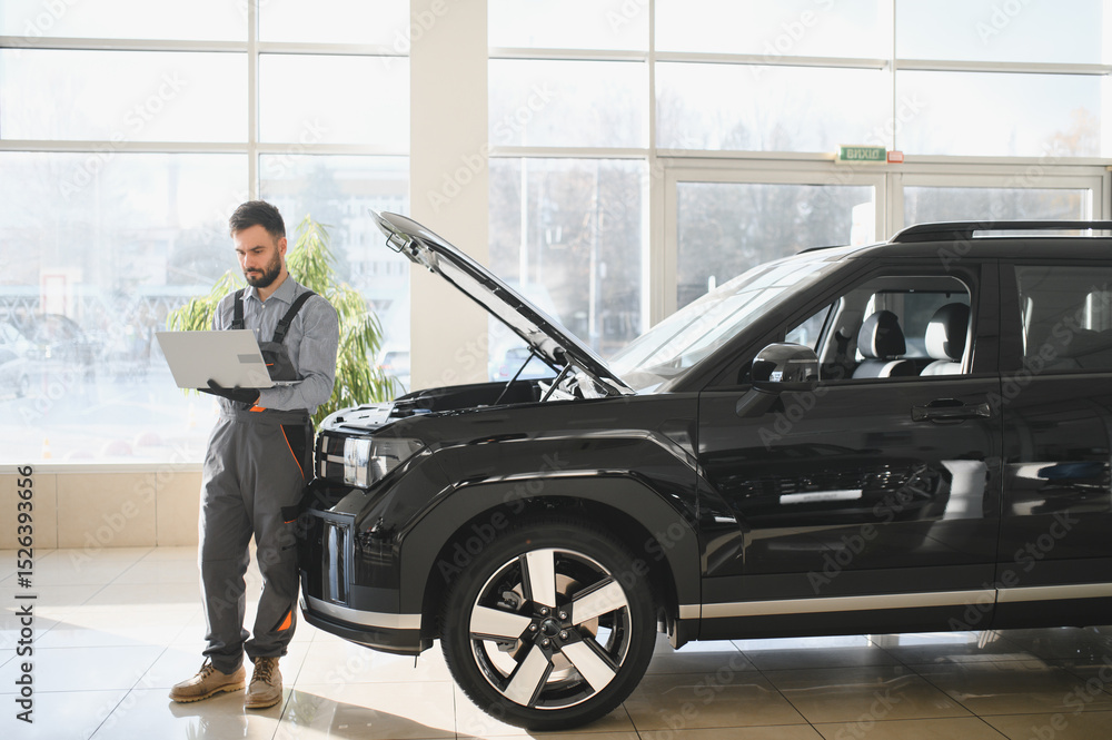 Poster Mechanic Uses a Computer with an Augmented Reality Diagnostics Software. Specialist Inspecting Car's Engine to Quickly Spot Broken Components. Premium Car Service