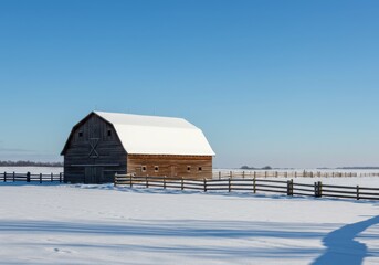 Barn with snow covered roof and wooden fence in a winter landscape under a blue sky