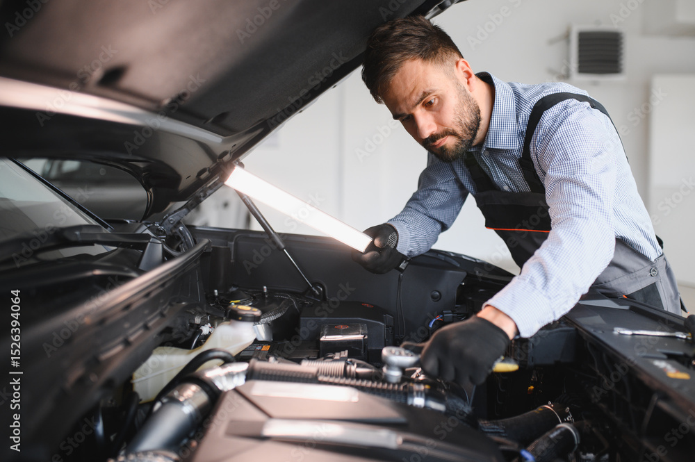 Poster Troubleshooting process. Auto mechanic working in garage. Repair service