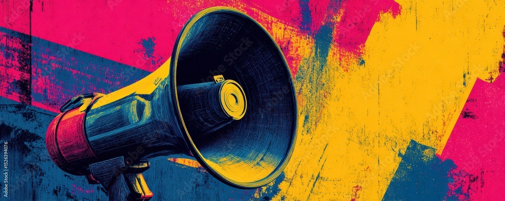 Poster vibrant artistic depiction of a megaphone with colorful background and textured patterns for creativ