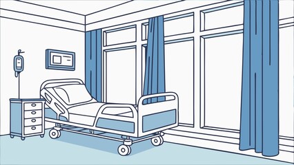 Hospital interior room with an empty bed, large windows, and blue curtains, modern design, healthcare concept. 