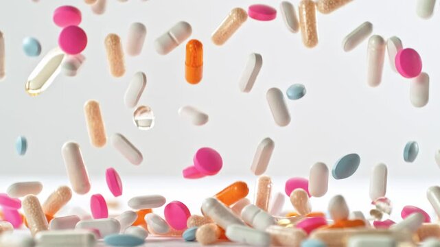 Super Slow Motion of Various Pills Falling on White Background at 1000fps.