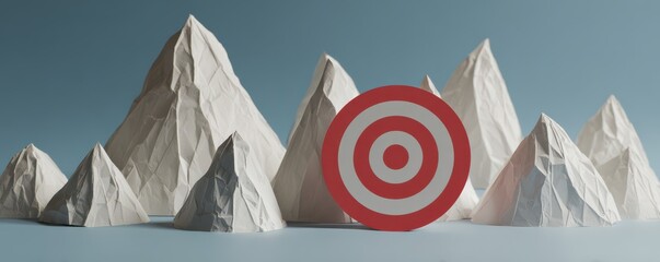 Paper Mountains with a Red Target Symbolizing Goals, Aspirations, and Challenges in a Creative Conceptual Illustration
