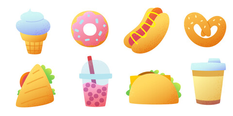 Fast food cartoon vector set. Textured street food clipart collection.