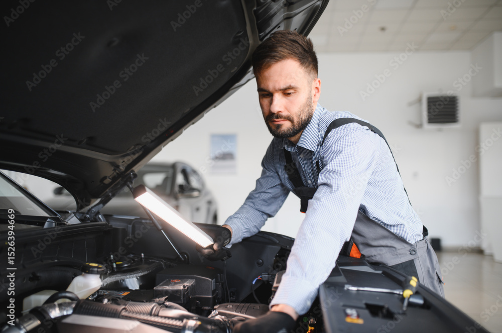 Poster troubleshooting process. auto mechanic working in garage. repair service