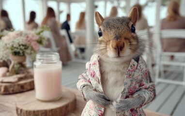 A charming squirrel dressed in a floral jacket stands confidently, showcasing its unique outfit. In the background, guests are seated in a bright, airy space, enjoying a special occasion