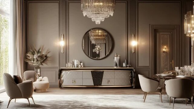 Contemporary interior with door and elegant sideboard in spacious living room