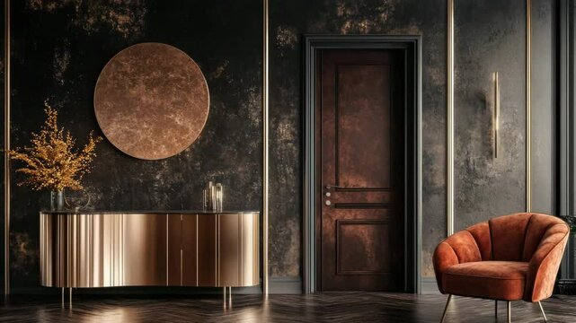Contemporary interior with door and elegant sideboard in spacious living room