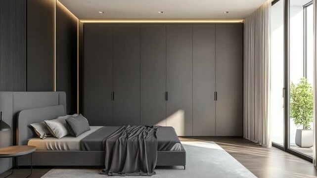 Contemporary interior with simple grey wardrobe in stylish minimalist bedroom