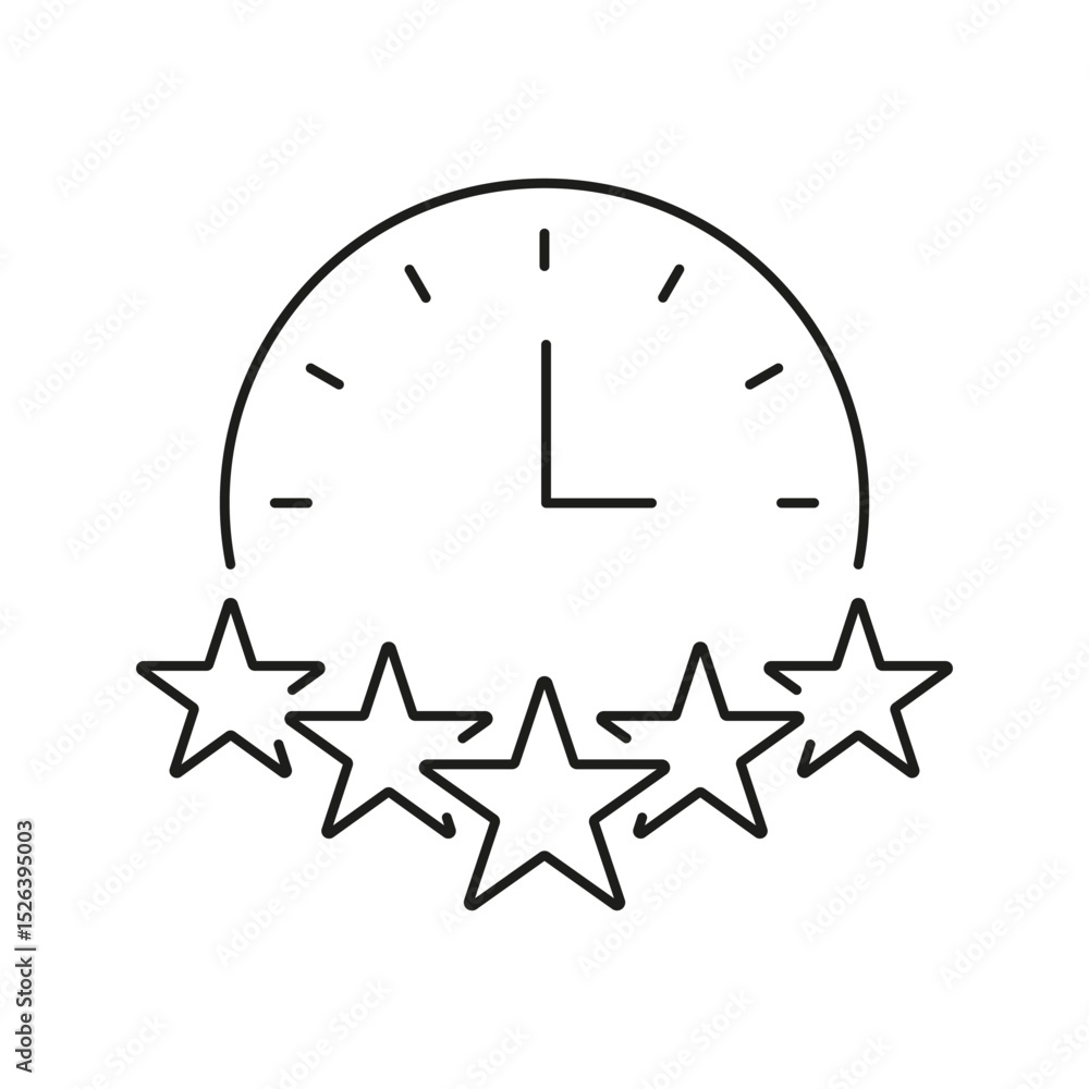 Poster clock with five stars line icon. time management and quality rating outline symbol. customer satisfa