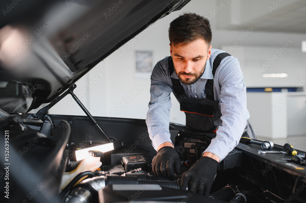 Poster Troubleshooting process. Auto mechanic working in garage. Repair service
