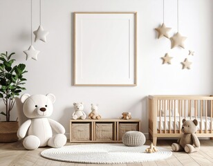 Serene nursery interior with plush toys star decor and a blank frame