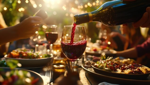 Red wine pouring, garden party, sunset, friends dining - Powered by Adobe
