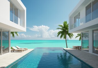 Fototapeta premium Modern villa with infinity pool overlooking turquoise ocean and palm trees