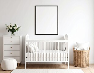 Serene Nursery Interior with White Crib Dresser and Blank Framed Art