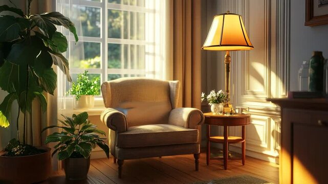 Cozy interior featuring armchair, coffee table, and stylish floor lamp