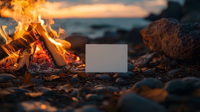 A cozy New Year s Eve beach bonfire with a blank white gift card  long title A serene beach scene at dusk with a crackling bonfire and a blank white