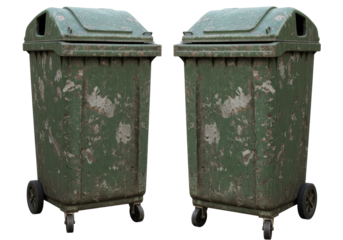 Isolated Pair of Weathered Green Garbage Bins with Wheels