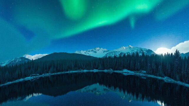 Spectacular aurora borealis shimmering above tranquil lake - Equirectangular 360 degree loop video