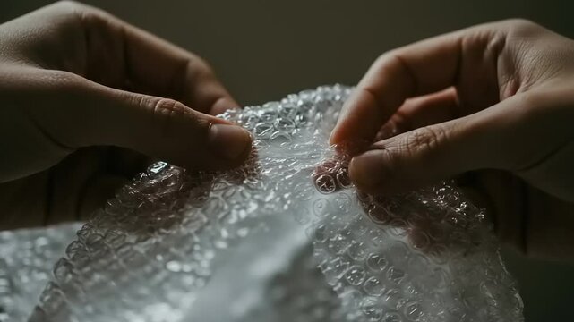 Satisfying bubble wrap popping, hands popping clear bubble wrap, stress relieving and calming