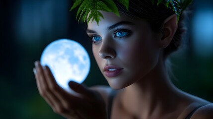 Naklejka premium Fairy holding a glowing moon orb in a mystical forest