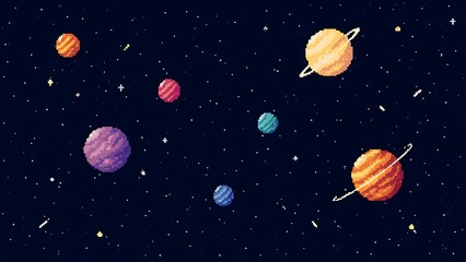 Pixelated illustration of colorful planets floating in the dark and starry infinite space