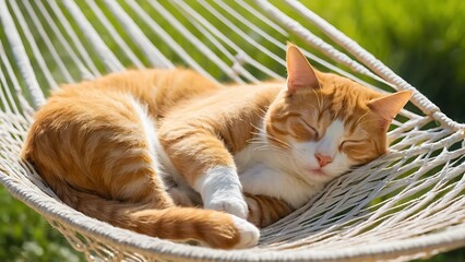 A cozy orange tabby napping in a woven hammock under the sun.
