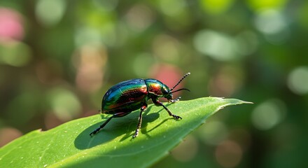 Fototapeta premium Iridescent Beetle on Green Leaf in Sunlight