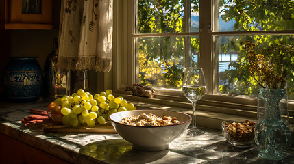 Fototapeta premium Healthy Breakfast Setup With Grapes, Oats, And Yogurt Near A Sunlit Window