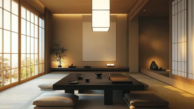 Japandi minimalist living room with black dining table and chairs in modern setting