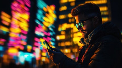 Obraz premium Man using smartphone in urban setting during nighttime hours