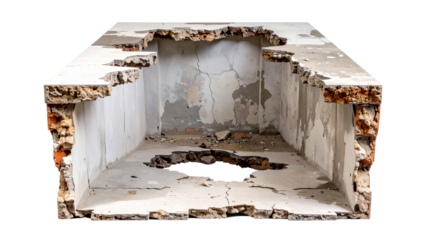 Ruined concrete room with block structure decay, abandoned industrial interior showing weathered surfaces and crumbling walls isolated on white background