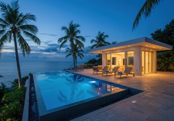 Fototapeta premium Luxury villa with infinity pool overlooking ocean at dusk with palm trees