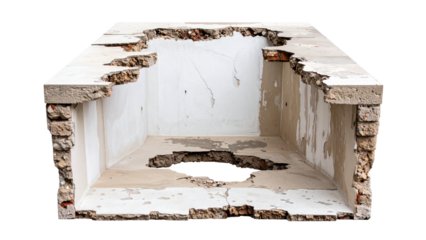 Ruined concrete room with block structure decay, abandoned industrial interior showing weathered surfaces and crumbling walls isolated on white background