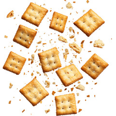 Crispy Square Crackers with Crumbs Flying in the Air Isolated on White Background