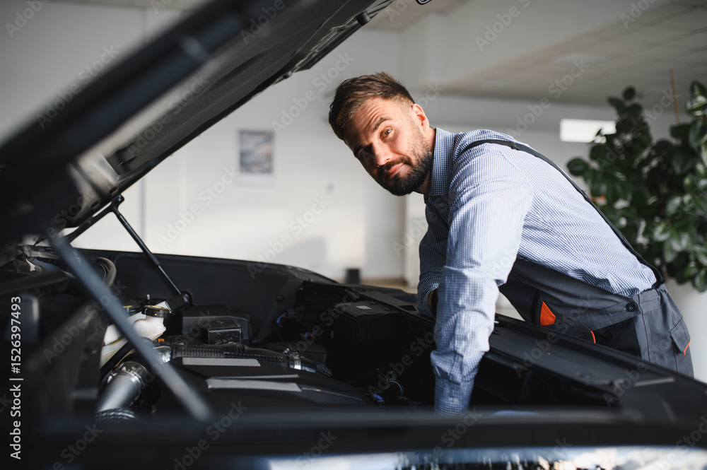 Poster Troubleshooting process. Auto mechanic working in garage. Repair service