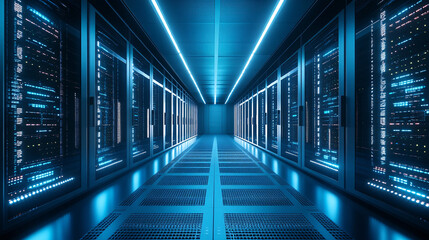 Fototapeta premium Futuristic Server Room Data Center Corridor with Blue Lighting