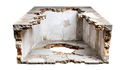 Ruined concrete room with block structure decay, abandoned industrial interior showing weathered surfaces and crumbling walls isolated on white background