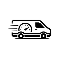 Vector logo of a fast delivery van with a speedometer inside in bold black style.

