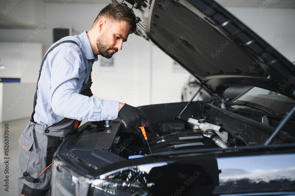 Poster troubleshooting process. auto mechanic working in garage. repair service