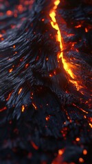Molten rock flowing over dark volcanic surface