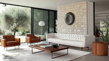 Mid-century modern living room with white sofa and brown leather chairs - Powered by Adobe