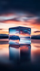 Transparent glass cube capturing majestic mountain silhouette during golden sunset, mirroring dramatic landscape with vivid colors and mesmerizing reflection