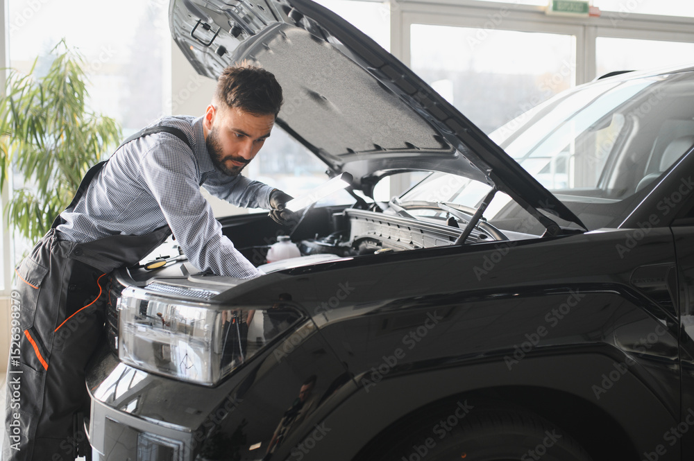 Poster troubleshooting process. auto mechanic working in garage. repair service