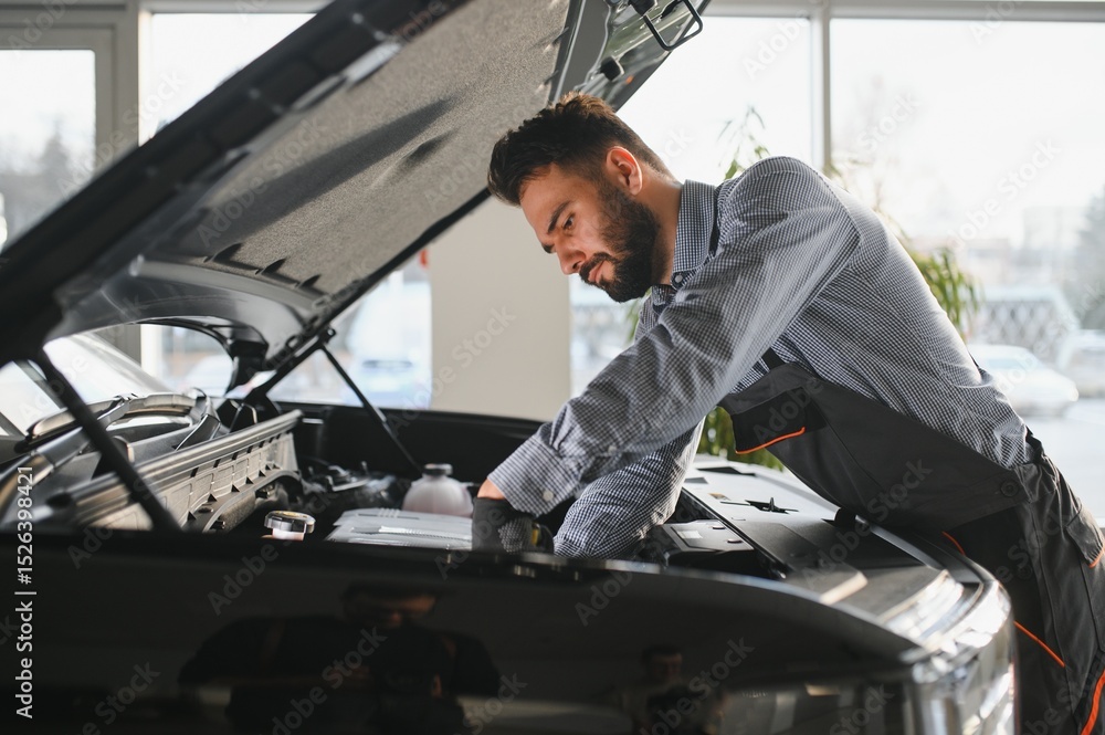 Poster Troubleshooting process. Auto mechanic working in garage. Repair service