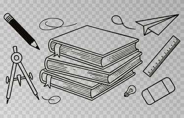 Hand-drawn school supplies icons png set on transparent background. Back to school doodle hand drawn elements, vector set. Vector illustration.